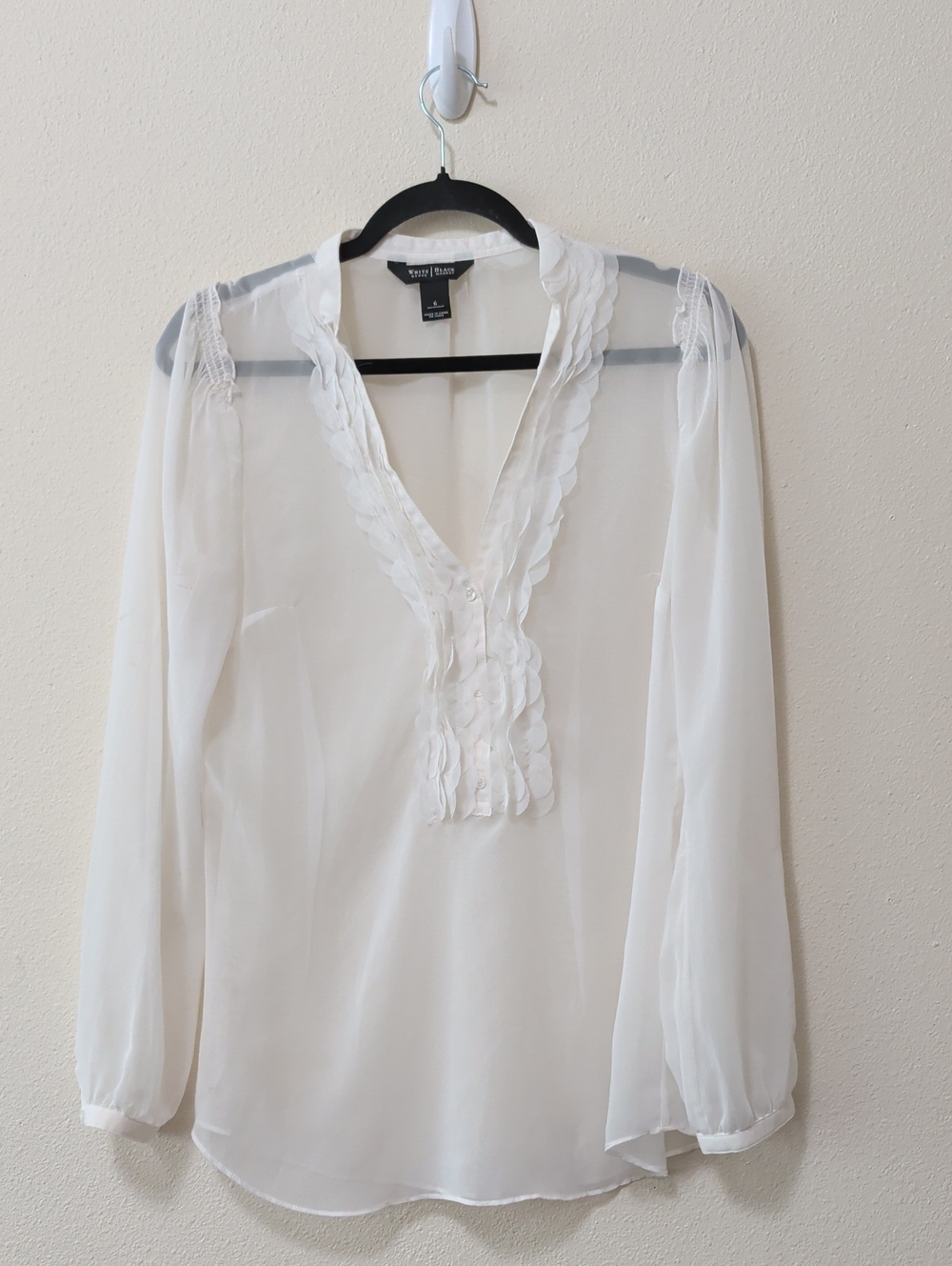 White House Black Market White Sheer Ruffled Plunge Blouse